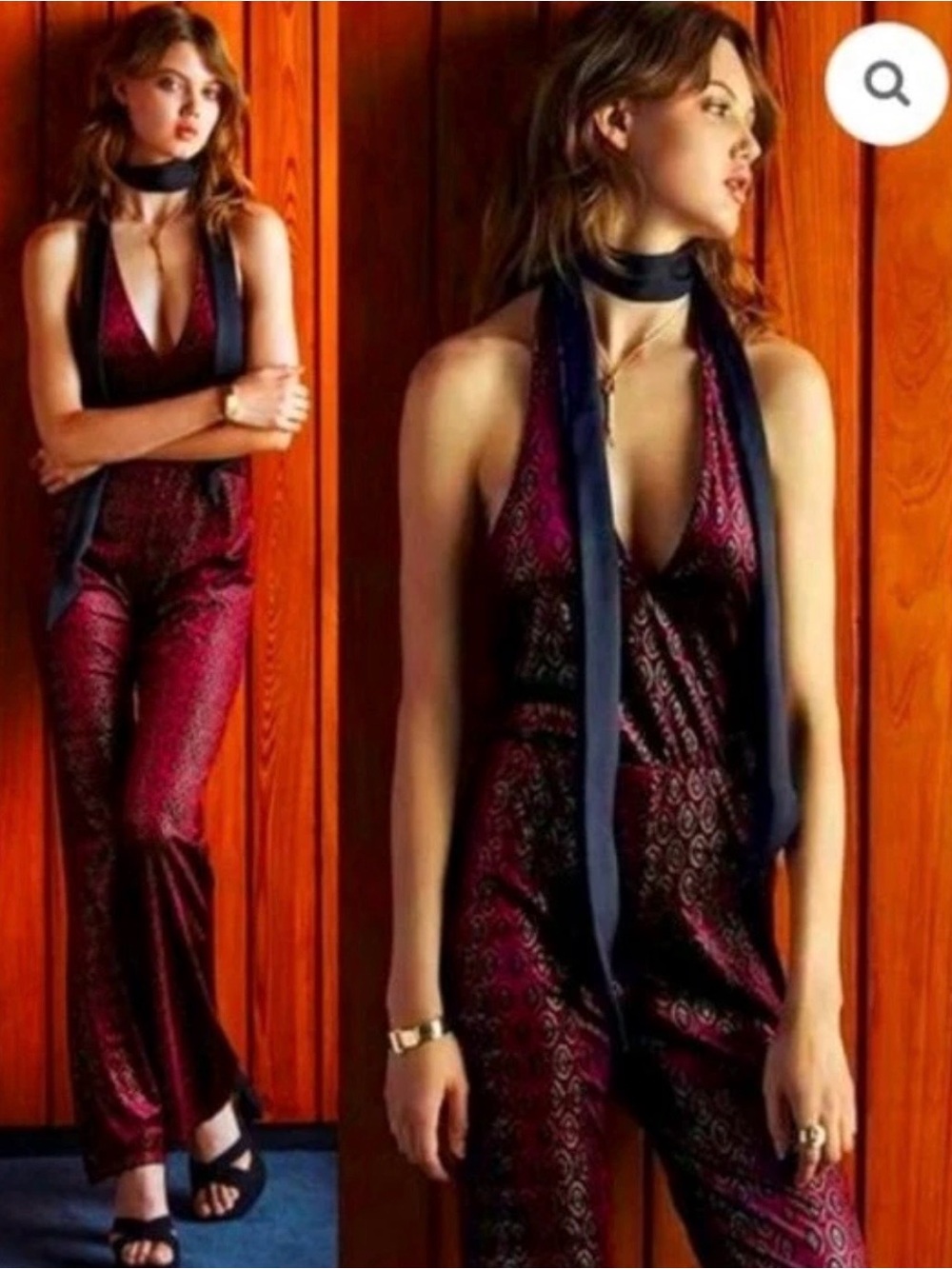 NWT Motel Baby Jumpsuit Coin Maroon Velvet Halter Wide Leg Geometric Pattern S(0
